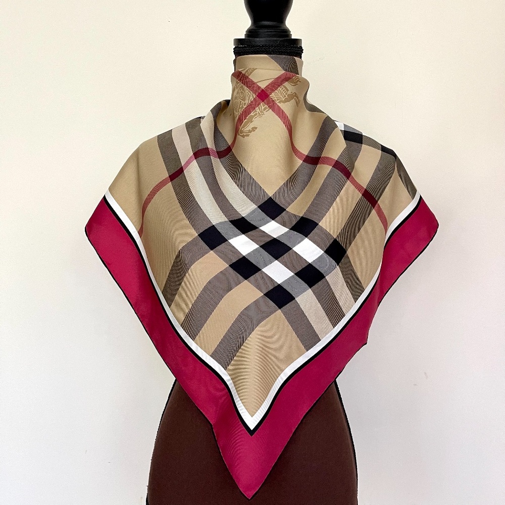 NWT Unisex Burberry Scarf Beige Check Burgundy Red Border Silk Wrap - Picture 13 of 13